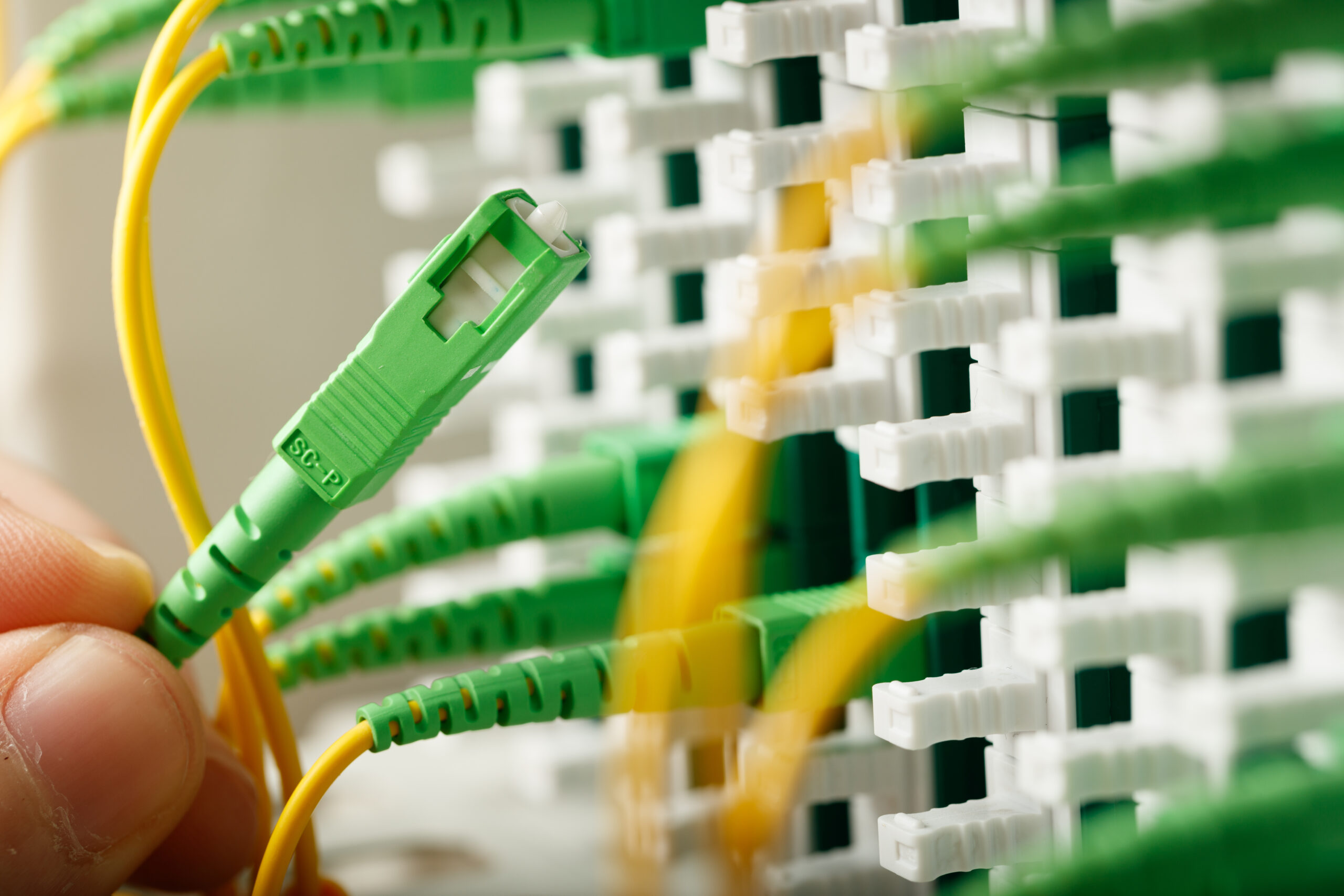 Connecteurs de fibre optique dans une baie — Altitude Infra, photo David Morganti